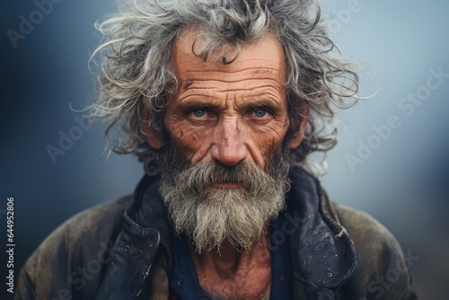 Homeless man with a weathered face against a soft color background - Raw humanity - AI Generated