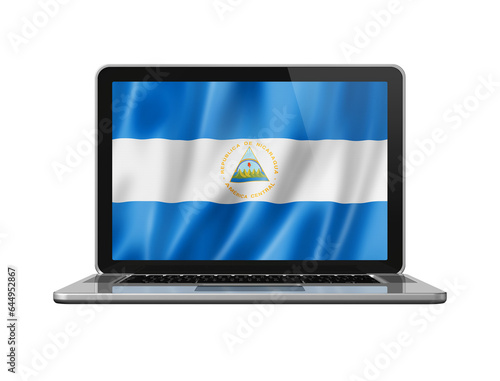 Nicaragua flag on laptop screen isolated on white. 3D illustration