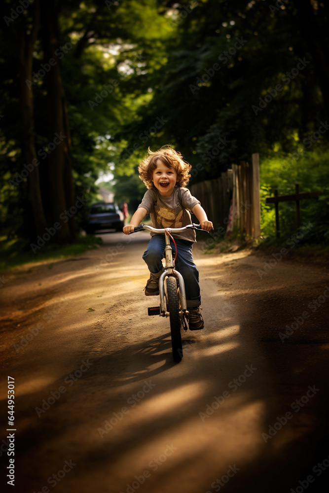 cute young boy riding bicycle at sunny summer street outdoor, generative AI cute young boy riding bicycle at sunny summer street outdoor, generative AI