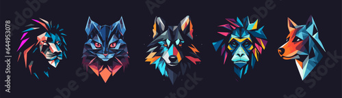 Vibrant animal portrait icon set. Geometric heads with modern luminous colors. Wild predators head in a futuristic polygonal style for logo, emblem, or label use, cosmic, neon lit nightclub. Vector