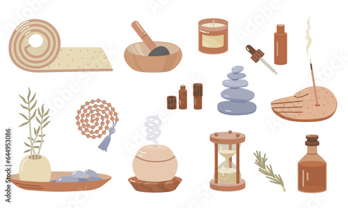 Set of meditation items.Singing bowl, yoga mat, beads,  incense burner, hourglass, essential oil diffuser, essential oils, candle, stones. Vector illustration for design, clipart.