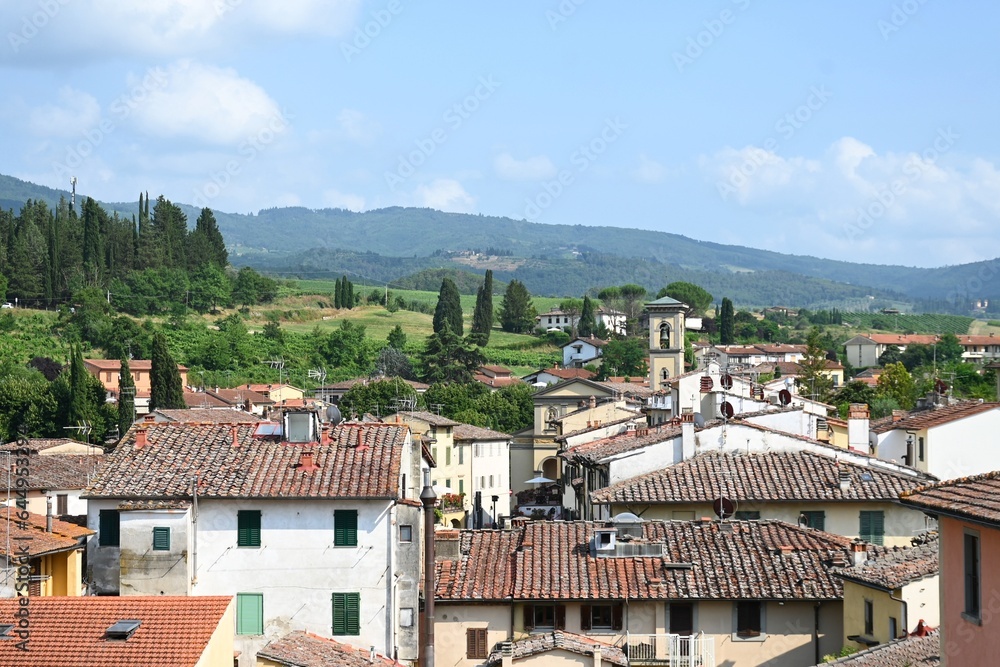 Aerial view of the village Greve in the mountains of Chianti, Tuscany, Italy
