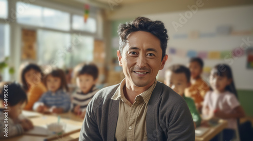 Portrait of a young male asian teacher with classroom in the background.