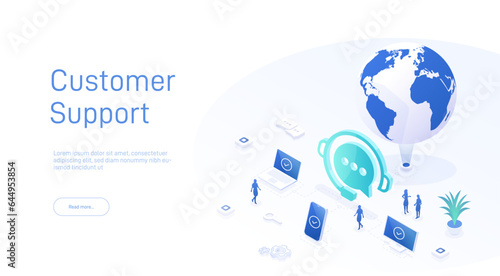 Web page design templates for 24-7 call center support. Isometric 24 hours open customer service. Vector 3d illustration Customer Service, Support or CRM