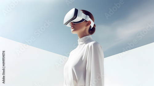Young woman wearing a mixed reality headset and experiencing simulation, metaverse and cyberspace. photo