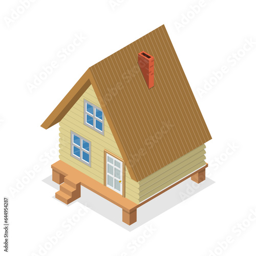3D Isometric Flat Vector Set of Lodges, Wooden Cabin or Forest Hut. Item 1