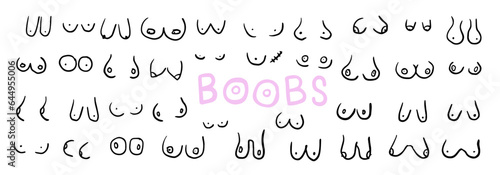 body positive woman, types of female breasts. flat illustration doodle.
