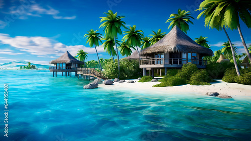 Tropical island with palm trees and bungalows at Maldives