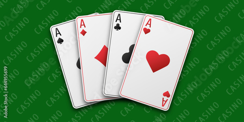 A hand fanned of playing cards consisting Ace of Spades, Diamonds, Clubs, Hearts. Vector illustration Casino of all the aces. Green Casino table background.
