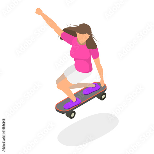 3D Isometric Flat Vector Set of Roller Skating Girls, Summer Rest and Entertainment. Item 2