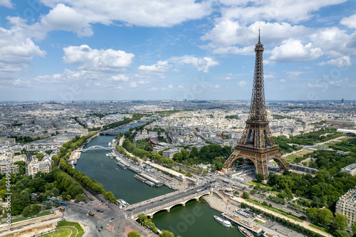 Aerial view of the Eiffel Tower, a wrought-iron lattice tower, on the Champ de Mars, the main landmark in Paris, France.