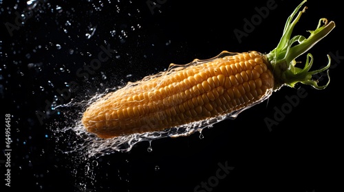 Falling corn cob with root and splash isolated on black background