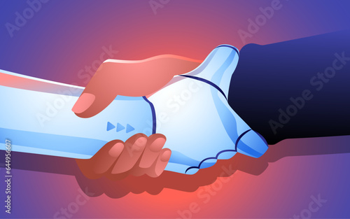 Strong connection between a human and robot, their hands grasping each other with determination. Dynamic relationship between human ingenuity and AI innovation in various industries