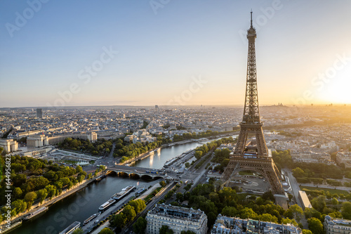 Aerial view streets of Paris, France, overlooking the famous eiffel tower of paris at sunset..
