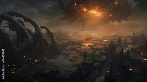 Sci-fi scene of the creature machine invading city painting photo