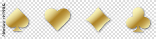 Set of collection gambling gold sign symbol of playing card suits and chip or token for web site or mobile app about poker and casino. Hearts, clubs, diamonds and spades on an transparent background.