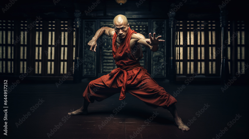 Shaolin worrior monk practicing kung fu inside temple - obrazy, fototapety, plakaty 