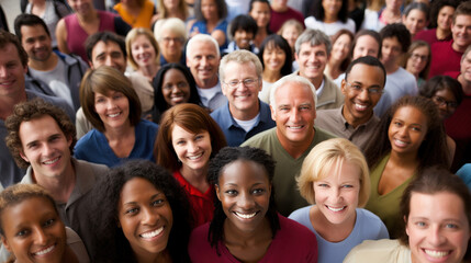 From directly above multi ethnic large group of people looking at camera
