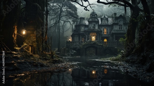 An old two-story house partially reflected in the water in the depths of a dark Brazilian forest on Halloween night