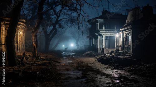 An old haunted house illuminated by the glow of a full moon on Halloween night, with unknown silhouettes at the end of the street