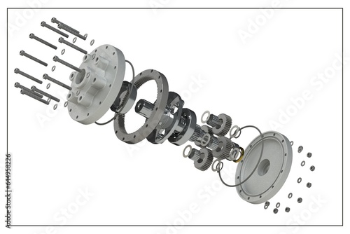 3D design of a planetary gear with exploded view.