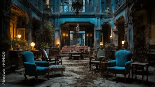 Inside an old mystical haunted house are beautiful new furniture on Halloween night
