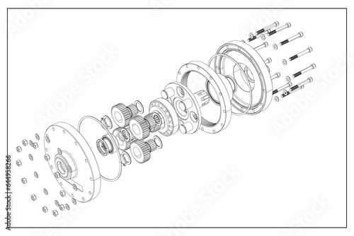 3D design of a planetary gear with exploded view.