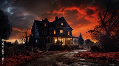 A mystical house on Halloween night surrounded by bright red lights and whimsical trees