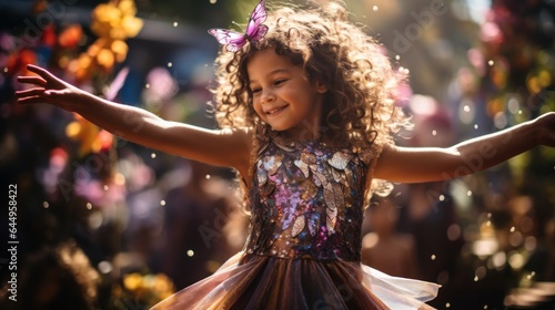 Child in a shimmering fairy costume dancing joyfully among blooming garden flowers.