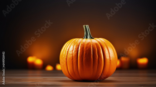 Close-up of an uncarved orange pumpkin on an orange background with candles