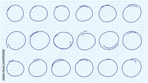 Hand drawn pen circles line sketch set on notebook pages. Drawing blue pen circular scribble doodle round circles. Vector illustration.