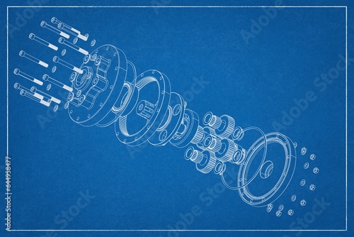 Foto 3D design of a planetary gear with exploded view.