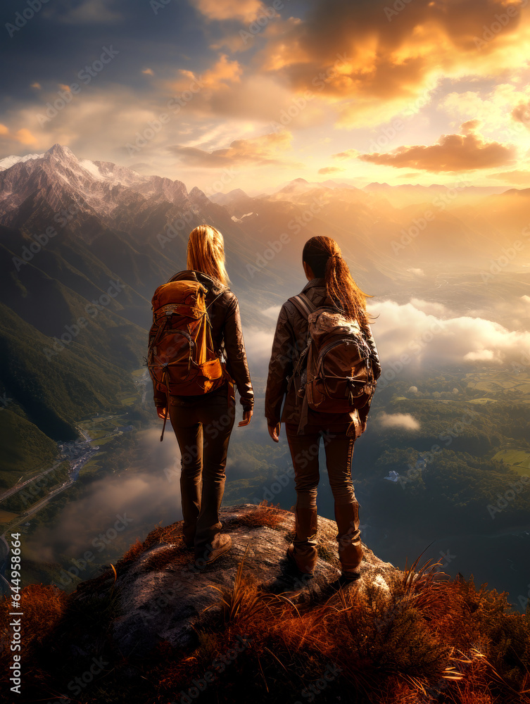 Happy female hikers are standing with open arms in mountains and looks at glacier. AI Generated