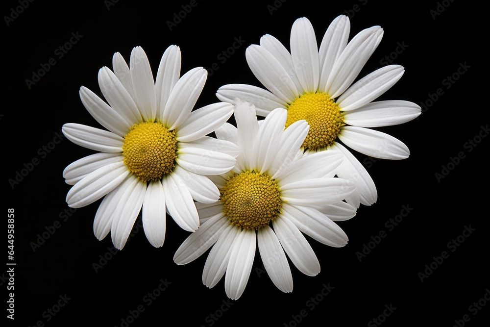 Obraz premium White Daisy or Chamomile flowers isolated on black background, top view