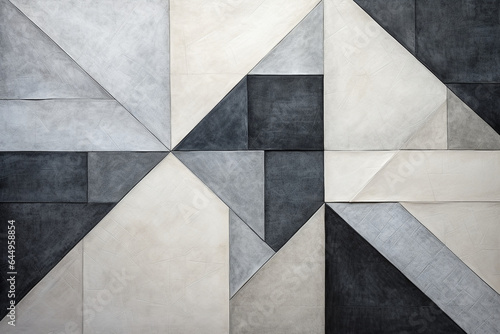 Abstract artwork of geometric patchwork of concrete, gray and black color background, 3D illustration.