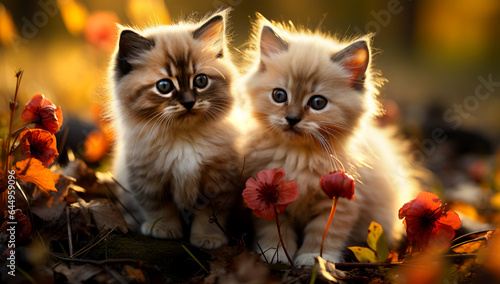 Two kittens lying together on green grass under autumn leaf. AI Generated © millenius