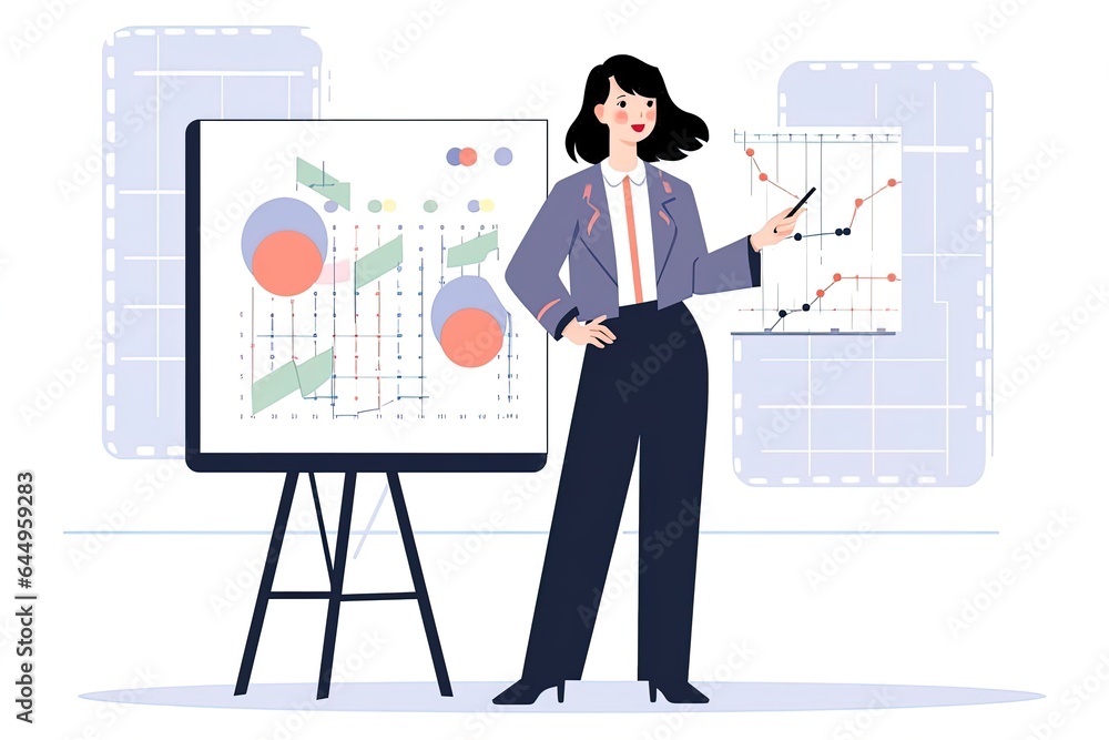 Woman in office uniform standing near information board presenting important information. illustration Woman in office uniform standing near information board presenting important information. illustration