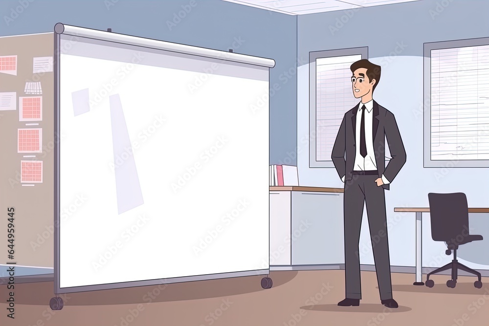 Illustration of a businessman near an information board, economic calculation of the company's performance indicators.