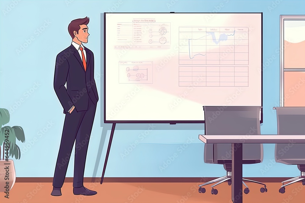 Fototapeta premium Illustration of a businessman near an information board, economic calculation of the company's performance indicators.