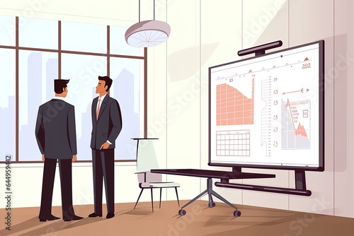 Illustration of a businessman near an information board, economic calculation of the company's performance indicators.