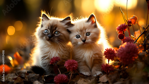 Two kittens lying together on green grass under autumn leaf. AI Generated