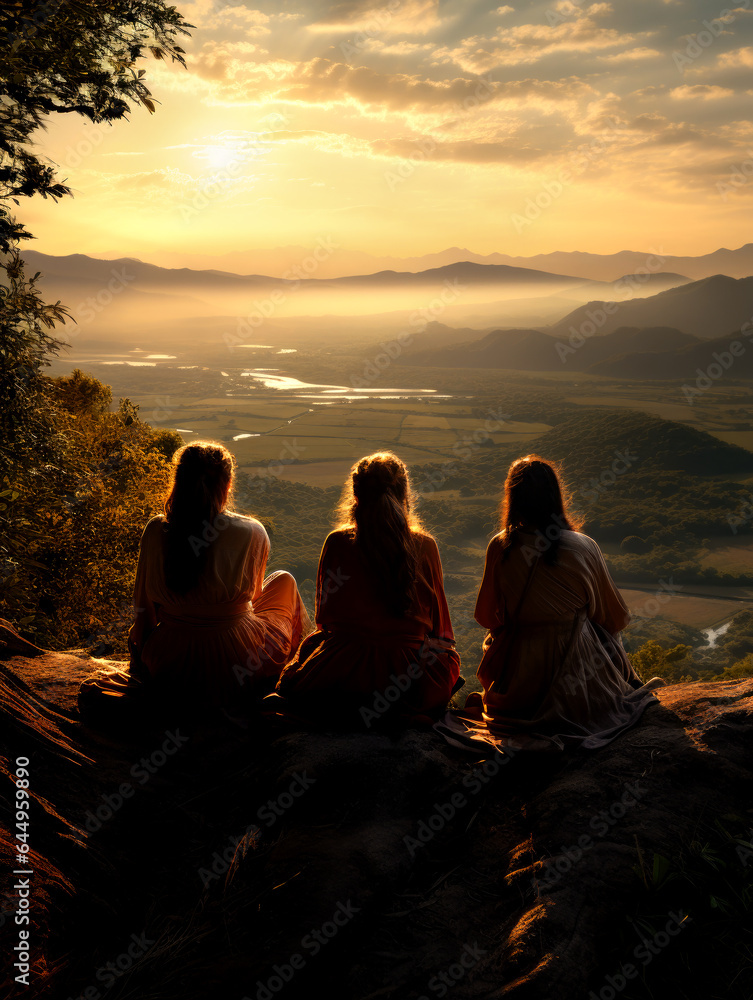 Three happy female hikers are standing with open arms in mountains and looks at glacier. AI Generated