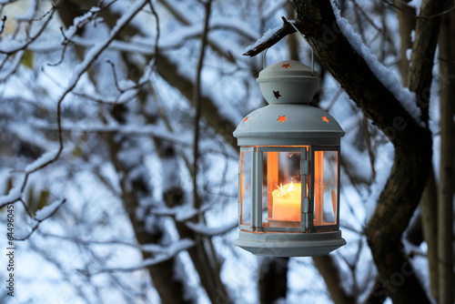White lantern hanging on a branch in the garden. Beautiful winter evening. © agneskantaruk
