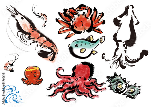 海鮮手描きイラストセット（エビ、カニ、イカ、タコ） photo