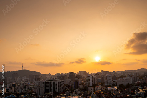 Wallpaper Mural Gold sunset of Seoul cityscapes with high rise office buildings and skyscrapers in Seoul city, Republic of Korea in winter blue sky and cloud Torontodigital.ca