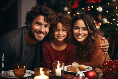 Lovely family opening their gifts. They enjoy the warm Christmas atmosphere. AI Generated