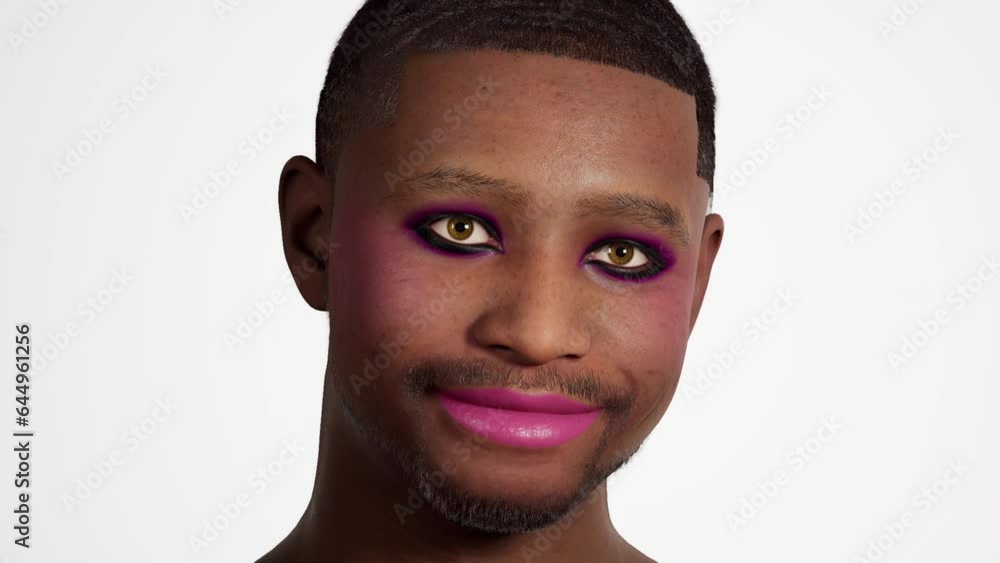 Portrait, gay man isolated on studio background. Happy, gen z aesthetic and lgbt model with beauty and creative non binary and gender neutral design. 3d animation Portrait, gay man isolated on studio background. Happy, gen z aesthetic and lgbt model with beauty and creative non binary and gender neutral design. 3d animation