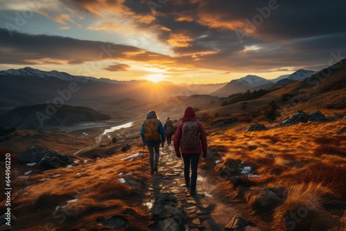 Golden Hour Hiking: Young Explorers in the Mountains at Sunset