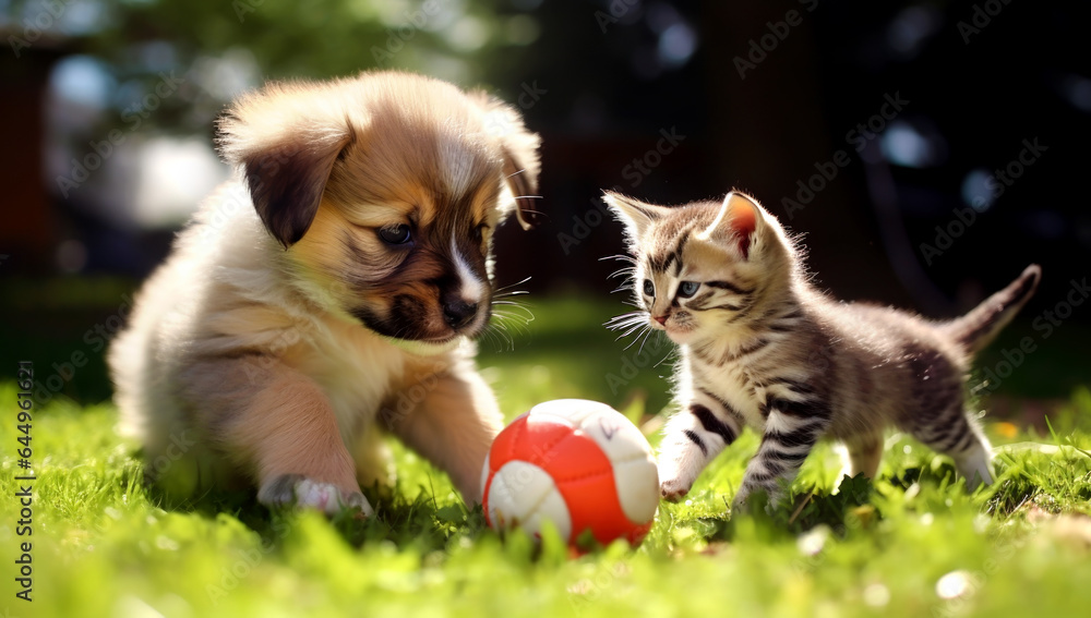 Puppy playing with a kitten on the lawn of dandelions. AI Generated