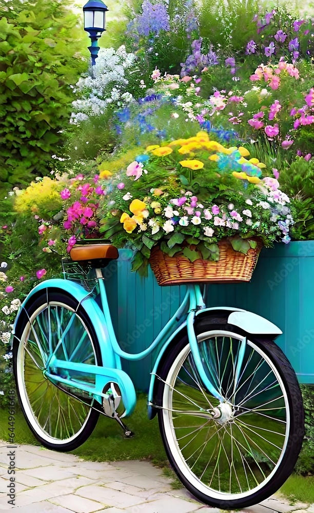 a vintage garden bicycle filled with flowers